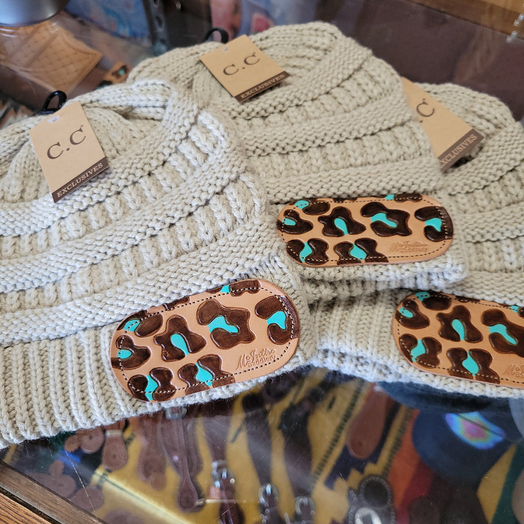 Beanie - Beige with Leather Patch