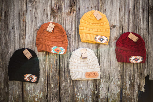 Beanie - Burgundy with Leather Patch